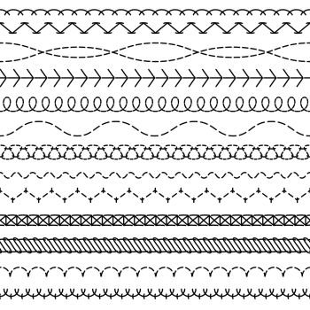 Stitch lines. Stitched seamless pattern threading borders sewing stripe fabric thread zigzag edges sew embroidery textile vector concept. Stitch lines. Stitched seamless pattern threading borders sewing stripe fabric thread zigzag edges sew textile