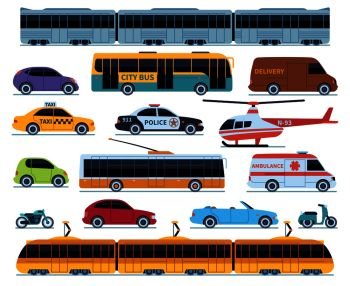 Car transport set. Vehicles city transportation. Cars trucks scooters motorcycle bus. Side view auto isolated vector illustrations. Car transport set. Vehicles city transportation. Cars trucks scooters motorcycle bus. Side view auto isolated vector set
