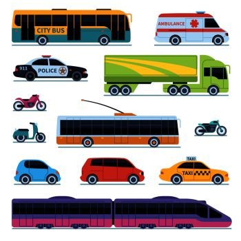 Car collection. Vehicles city transportation. Cars, scooters motorcycle. Side view urban auto isolated vector illustrations set. Car collection. Vehicles city transportation. Cars, scooters motorcycle. Side view urban auto isolated vector set