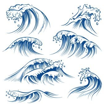 Hand drawn ocean waves. Sketch sea waves tide splash. Hand drawn surfing storm wind water doodle vector isolated vintage elements. Hand drawn ocean waves. Sketch sea waves tide splash. Hand drawn surfing storm wind water doodle vintage elements