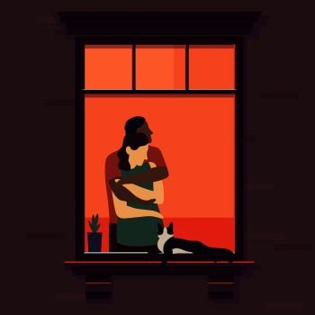 Couple in window. Romantic woman and man neck at home in the evening, joyful lovely people in love illustration. Couple in window. Romantic woman and man neck at home in the evening, joyful lovely people in love vector illustration