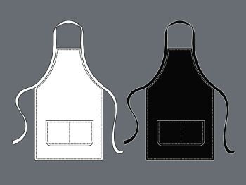 Chef apron. Black white culinary aprons chef uniform kitchen cotton kitchen worker woman wearing waiter vest isolated vector template. Chef apron. Black white culinary aprons chef uniform kitchen cotton kitchen worker woman wearing waiter vest template
