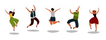 Jumping people. Energetic excited guy jump friends rejoice group teens crowd young happy students happiness vector flat concept. Jumping people. Energetic excited guy jump friends rejoice group teens crowd young happy students happiness flat concept