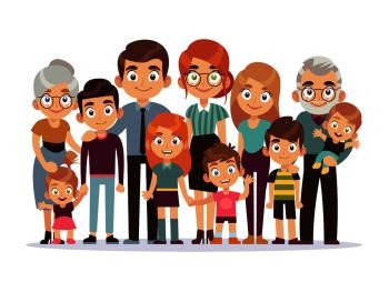 Big family portrait. Happy people character lifestyle mother father children grandparents teenagers kids dog with smiling face, vector illustration. Big family portrait. Happy people character lifestyle mother father children grandparents teenagers kids dog, vector illustration