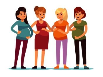 Pregnant women group. Future mothers anticipation birth baby, friendship happy woman mother with big belly. Cartoon motherhood vector characters. Pregnant women group. Future mothers anticipation birth baby, friendship happy woman mother with big belly. Cartoon vector characters