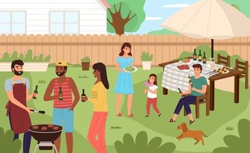 Picnic backyard. People cooking and eating grill meat in summer nature, family barbecue party. Happy men, women and children leisure outdoor together, bbq on weekend vector colorful cartoon concept. Picnic backyard. People cooking and eating grill meat in summer nature, family barbecue party. Happy men, women and children outdoor together, bbq on weekend vector cartoon concept