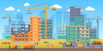 Building site. Construction work big area, special machines crane, concrete mixer and truck, engineers builders people. Unfinished skyscraper, house frame and panels. Vector flat cartoon bright poster. Building site. Construction work big area, special machines crane, concrete mixer and truck, engineers builders people. Unfinished skyscraper, house frame and panels vector flat poster