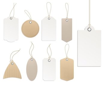 Price tags blank. Template white and beige paper tag collection, blank labels different forms, gift and presents card, decorative sticker with rope, empty cardboard badge vector realistic isolated set. Price tags blank. Template white and beige paper tag collection, blank labels different forms, gift and presents card, decorative sticker with rope, empty cardboard badge vector realistic set