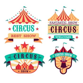 Emblems Circus show. Retro festival signboards. Carnival paper invitational banners. Fun event labels. Isolated badges set with striped tents and letterings on ribbons. Vector entertaining performance. Emblems Circus show. Retro festival signboards. Carnival invitational banners. Fun event labels. Badges set with striped tents and letterings on ribbons. Vector entertaining performance