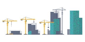 House emergence. Building stages. Isolated unfinished real estate and crane. Housing development from frame constructions and concrete panels. Steps process of skyscraper creation. Vector illustration. House emergence. Building stages. Unfinished real estate and crane. Housing development from frame constructions and concrete panels. Process of skyscraper creation. Vector illustration