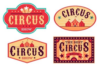 Emblems circus. Fun carnival festival, retro paper signboard, invitational banners and posters event labels. Red bright colors, striped tents and letterings on ribbons vector flat cartoon isolated set. Emblems circus. Fun carnival festival, retro paper signboard, invitational banners and posters event labels. Red colors, striped tents and letterings on ribbons vector cartoon isolated set