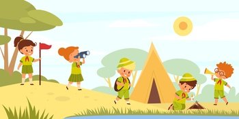Scouts kids in nature. Young tourists go hiking. Cartoon children in uniform pitch tent and light campfire in lawn. Happy boys and girls with camping equipment. Vector summer outdoor vacation concept. Scouts kids in nature. Young tourists go hiking. Children in uniform pitch tent and light campfire in lawn. Boys and girls with camping equipment. Vector summer outdoor vacation concept