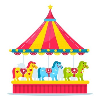 Horses carousel. Kids amusement park roundabout with little ponies different colors and carnival bright decor. Isolated fair rotating attraction for children leisure. Vector merry-go-round concept. Horses carousel. Kids amusement park roundabout with little ponies different colors and carnival decor. Fair rotating attraction for children leisure. Vector merry-go-round concept