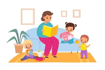Reading books. Woman reads fairy tales to children, living room interior, little boys and girls in kindergarten, kids getting knowledge, entertainment literature. Vector cartoon flat isolated concept. Reading books. Woman reads fairy tales to children, living room interior, boys and girls in kindergarten, kids getting knowledge, entertainment literature. Vector cartoon isolated concept