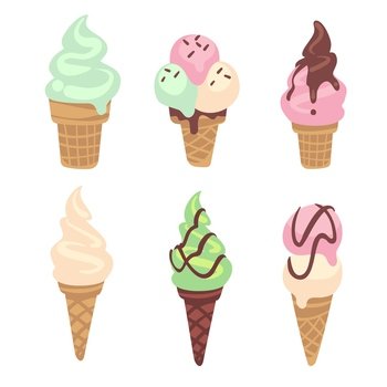 Ice cream. Frozen creamy desserts and sundae. Waffles cones vanilla, strawberry and pistachio with chocolate. Bright cold summertime food. Icons for bar, cafe or restaurant menu. Vector isolated set. Ice cream. Frozen creamy desserts and sundae. Waffles cones vanilla, strawberry and pistachio with chocolate. Cold summertime food. Icons for bar, cafe or restaurant menu vector isolated set