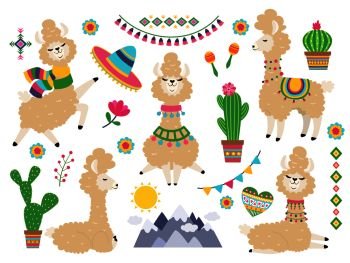 Llama set. Baby llamas cartoon alpaca, wild lama. Girl invitation elements vector collection. Llama set. Baby llamas cartoon alpaca, wild lama. Girl invitation elements vector