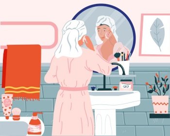 Skincare routine. Cartoon young woman washing face in bathroom. Cute female cleaning skin with cosmetic products. Restroom interior. White enameled sink and round mirror. Vector flat illustration. Skincare routine. Cartoon woman washing face in bathroom. Female cleaning skin with cosmetic products. Restroom interior. White enameled sink and round mirror. Vector flat illustration