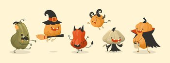 Pumpkin monsters. Cartoon cute autumn Halloween holiday food mascots set. Scary squashes with funny faces. Isolated spooky gourds in festival costumes. Vector fearful October characters collection. Pumpkin monsters. Cartoon autumn Halloween holiday food mascots set. Scary squashes with funny faces. Isolated spooky gourds in festival costumes. Vector fearful October characters