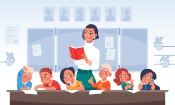 Children and teacher. Cartoon primary school students. Happy boys and girls in kindergarten listen to young woman with book. Cute pupils sit at desk in classroom. Vector lesson scene illustration. Children and teacher. Cartoon primary school students. Happy boys and girls in kindergarten listen to woman with book. Pupils sit at desk in classroom. Vector lesson scene illustration
