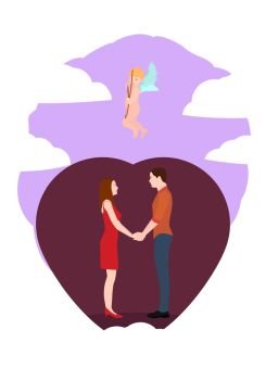 Couple in love holding hands. A man and a girl hold hands and look at each other against the backdrop of a heart. 