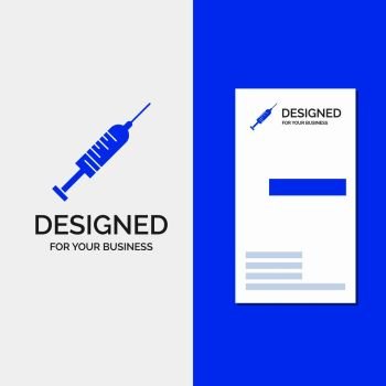 Business Logo for syringe, injection, vaccine, needle, shot. Vertical Blue Business / Visiting Card template.. Vector EPS10 Abstract Template background
