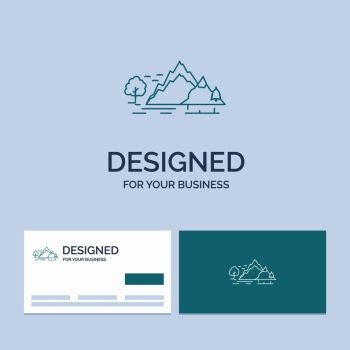 hill, landscape, nature, mountain, tree Business Logo Line Icon Symbol for your business. Turquoise Business Cards with Brand logo template. Vector EPS10 Abstract Template background