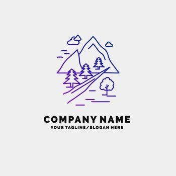 rocks, tree, hill, mountain, nature Purple Business Logo Template. Place for Tagline. Vector EPS10 Abstract Template background
