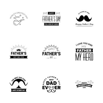 Fathers Day Lettering 9 Black Calligraphic Emblems. Badges Set. Isolated on Dark Blue. Happy Fathers Day. Best Dad. Love You Dad Inscription. Vector Design Elements For Greeting Card and Other Print Templates  Editable Vector Design Elements