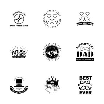 Happy fathers day. 9 Black Typography Fathers day background design .Fathers day greeting card.  Editable Vector Design Elements