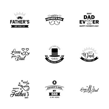 Happy Fathers Day Calligraphy greeting card 9 Black Typography Collection. Vector illustration.  Editable Vector Design Elements