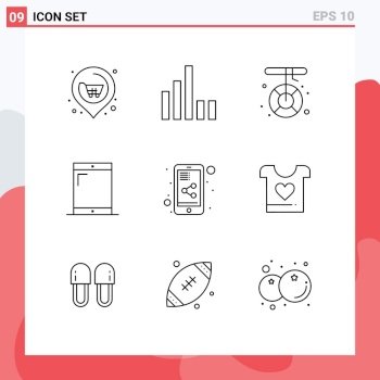 Mobile Interface Outline Set of 9 Pictograms of share mobile, share, camping, phone, cellphone Editable Vector Design Elements