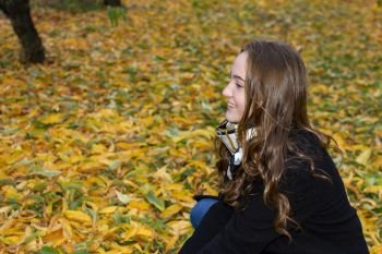 Young female with long hair portrait on an autumn yellow leaves background