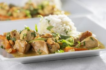 closeup of a thai curry with rice 