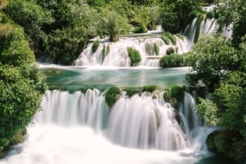 Long Exposure of waterfall in Krka National Park ,one of the Croatian national parks in Sibenik,Croatia.. Krka National Park in Sibenik,Croatia