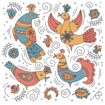 ORNAMENTAL BIRD Folk Ethnic Ornament Vector Illustration Set