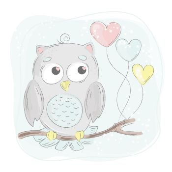 LOVE OWL Cartoon Bird Forest Animal Vector Illustration Set