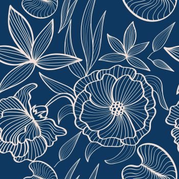 Monochrome Blue Floral Outlines. Seamlessly Repeating Pattern of Hand-drawn Flowers for Decorations and Fabric.