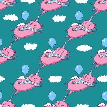 Seamless pattern background. Cute pig as pegasus and unicorn with clouds. Vector illustration. Seamless pattern background. Cute pig as pegasus and unicorn.