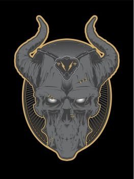 Decrepit evil cartoon skull with horns isolated on white. Tattoo style. Sticker