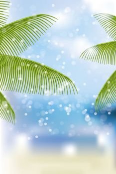 Beach background with palm branches and different lights and colors