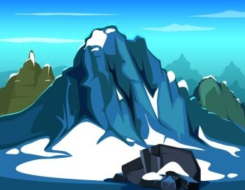 Simple vector background illustration with rock. Big mountains and blue sky, hillside mountain skyline. Landscape with snow mountain, nature outdoor mountain for tourism and mountaineering. Simple vector background illustration with rock. Big mountains and blue sky, hillside mountain skyline