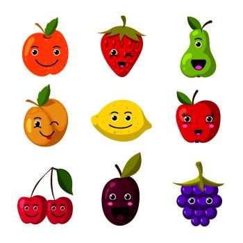 Cute kids fruit vector characters with funny smiling faces. Sweet fruit cartoon face, illustration of food fruit vitamin. Cute kids fruit vector characters with funny smiling faces
