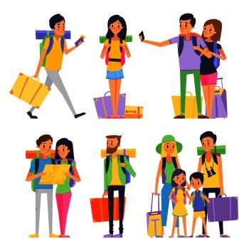 Tourist group of happy people goes to vacation. Couple or family with kids in traveling. Vector illustration. People together on vacation with backpack. Tourist group of happy people goes to vacation. Couple or family with kids in traveling. Vector illustration