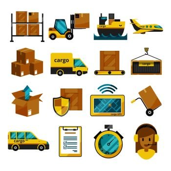 Cargo vector icon set isolated. Airplane, harbor ships, logistic conveyer. Illustration of shipping and logistic transportation. Cargo vector icon set isolated. Airplane, harbor ships, logistic conveyer