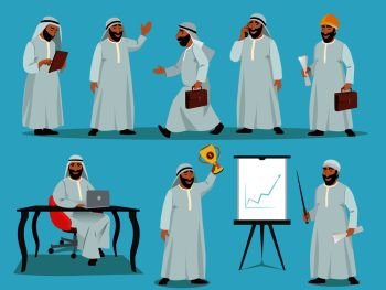 Different poses of arab businessman. Character design in flat style. Vector illustrations set. Businessman character muslim ethnic. Different poses of arab businessman. Character design in flat style. Vector illustrations set