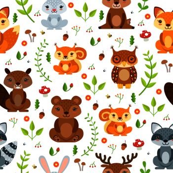 Vector seamless pattern of forest animals and summer plants. Seamless pattern forest plant and animal illustration. Vector seamless pattern of forest animals and summer plants