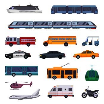 Different municipal transportation set. Vector illustrations of cars. Collection of transport ambulance and police, firetruck and taxi service car. Different municipal transportation set. Vector illustrations of cars