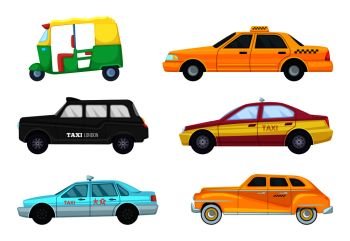 Taxi cars in different cities. Transport for fast traveling. Vector illustrations set of retro and modern taxi cars. Taxi cars in different cities. Transport for fast traveling. Vector illustrations set
