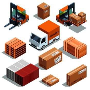 Isometric industry machine for lading, freight and different boxes and pallets. Illustration of logistic and delivery, distribution and shipment. Isometric industry machine for lading, freight and different boxes and pallets. Logistic illustrations