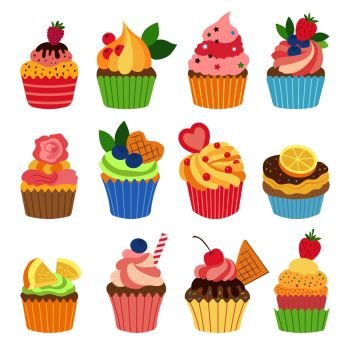 Wedding vanilla cupcakes isolated on white background. Vector illustrations set in flat style. Color sweet cupcake dessert with cream and fruits. Wedding vanilla cupcakes isolated on white background. Vector illustrations set in flat style
